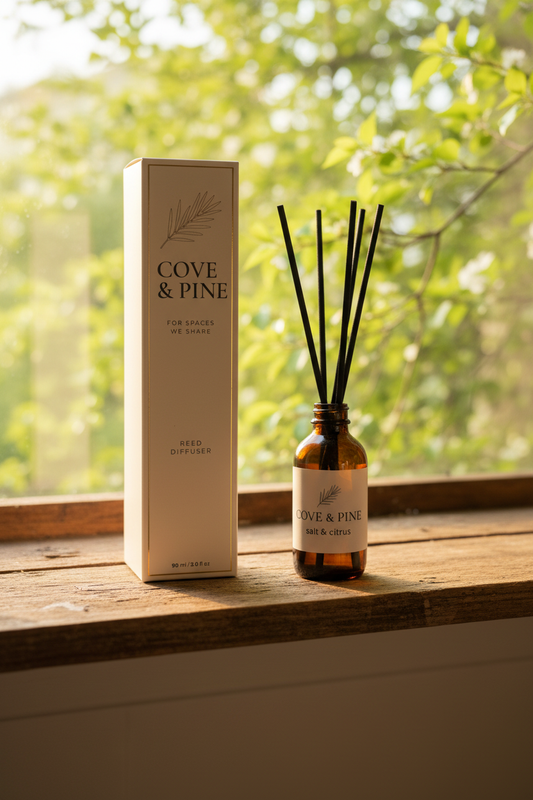 Salt & Citrus Reed Diffuser on wooden shelf with spring foliage
