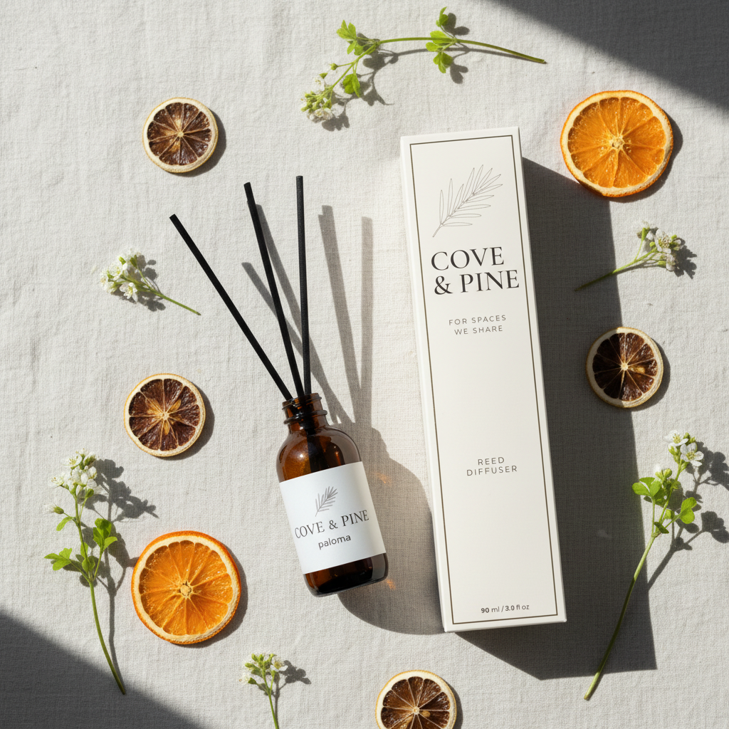 Paloma Reed Diffuser flat lay with botanicals