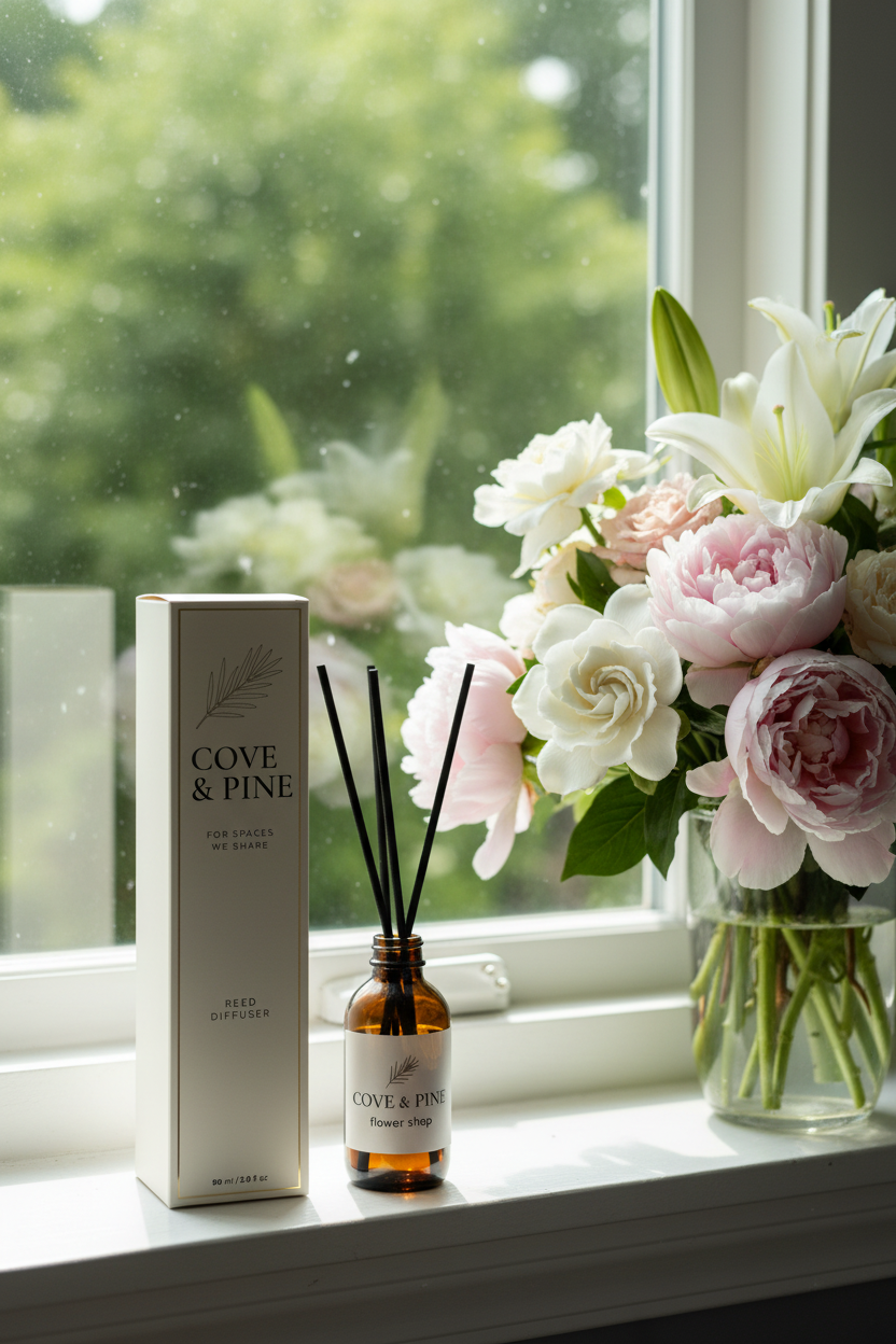 Flower Shop Reed Diffuser on windowsill with garden bouquet