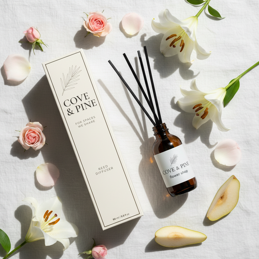 Flower Shop Reed Diffuser flat lay with rose buds and lily blooms