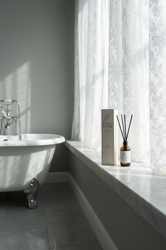 Flower Shop Reed Diffuser on windowsill with bathtub and lace curtains