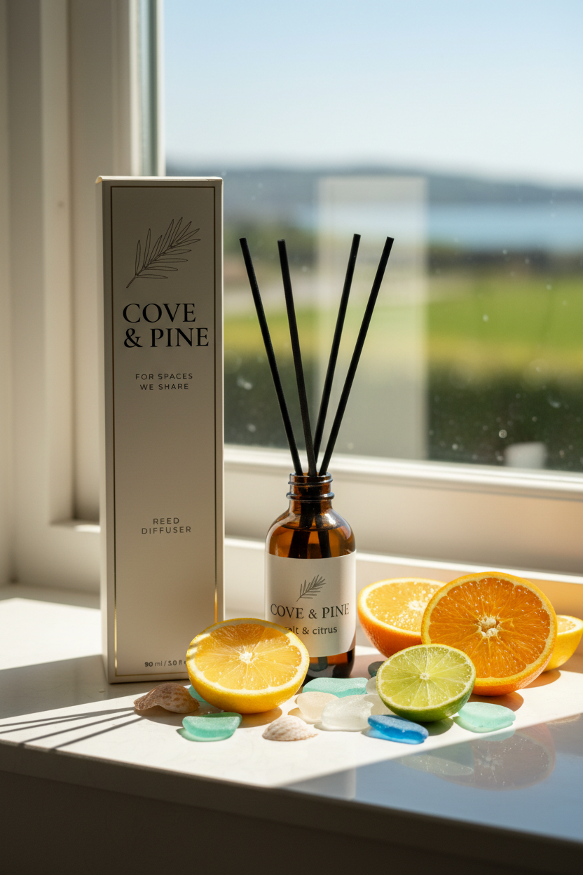 Salt & Citrus Reed Diffuser on windowsill with citrus and sea glass
