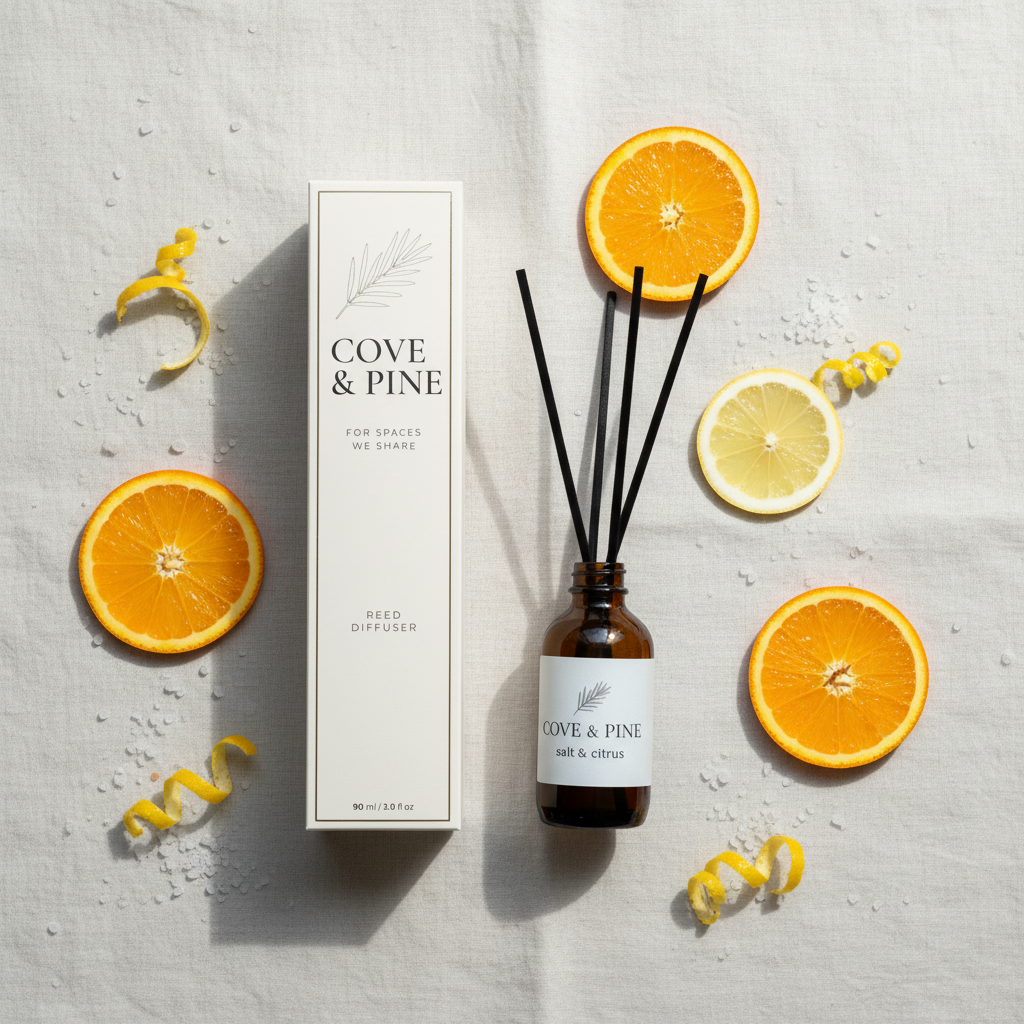 Salt & Citrus Reed Diffuser flat lay with orange slices and sea salt